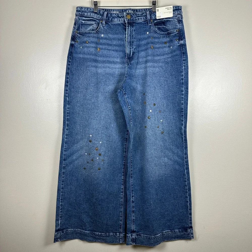 a.n.a Women's 18 Wide Leg Jeans Blue Highest Rise Studded Star Med Charm NEW